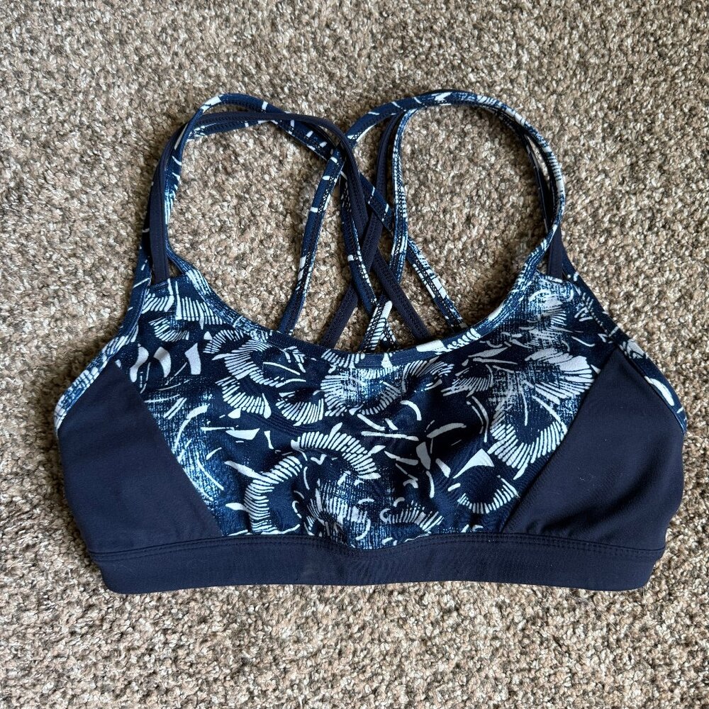 Athleta Fully Focused Strappy Sports Bra, Size Small, Navy & White Floral